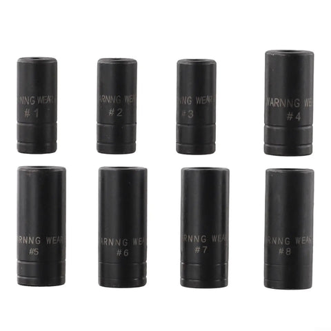 Ultimate 8-Piece Tap Socket Set For Auto Repair. Ultra-Durable Carbon Steel Threads Tool Kit. Perfect Fit For Tight Spaces And Precision Work. No More Bulky Handles Needed. Get The Job Done Fast! eight black tap sockets #1-#8