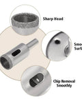 Front view of a 15-piece diamond hole saw kit for plant pots; diamond-coated rims for ceramic, terracotta, glass and tile (6–50 mm).