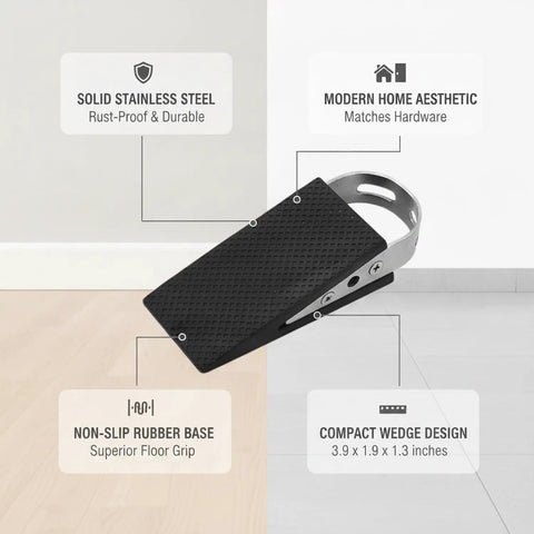 Stainless Steel Door Stopper With Non-Slip Rubber Wedge, Compact 3.94 x 1.89 x 1.30 Inch Size on hardwood and tile floor