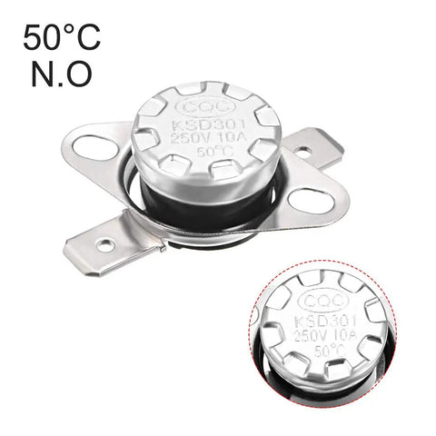 Snap Disc Thermostat Switch KSD301 50 Degree Celsius 10A NO 6.3mm Pins Bakelite Housing with label close-up view