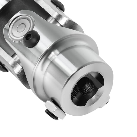 Close-up of a Three Quarter Inch To Three Quarter Inch U Joint Steering Shaft Coupler Powder Coated Chrome Finish, 125Mm Long.