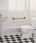 20 Inch Bronze Shower Grab Bar With Anti Slip Knurled Grip Antique Brass Finish mounted in a bathroom near toilet and sink