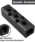 Black anodized 3 Way 5 Port Air Manifold For Compressors, Inline Air Hose Block Splitter with anodic oxidation and inset view.