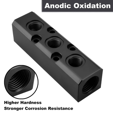 Black anodized 3 Way 5 Port Air Manifold For Compressors, Inline Air Hose Block Splitter with anodic oxidation and inset view.