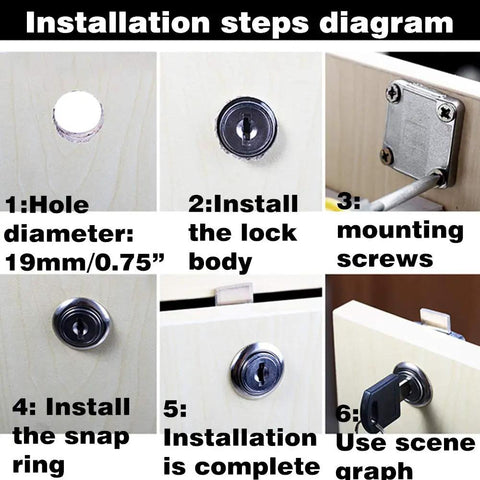 Installation steps for Heavy Duty Cabinet And Drawer Lock 2 Pack showing hole size, lock body, and mounting process for 17-22 mm panels.