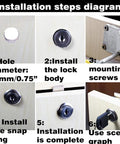 Installation steps for Rock Solid Zinc Alloy Drawer Lock for Wooden Cabinets Desks and Mailboxes, showing key placement and mounting screws.