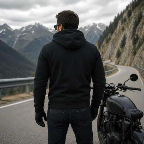 Streetguard Riding Hoodie With Aramid Armor And CE Shoulder Elbow Protection, Heavy-Duty Denim Blend, Black, XXL Size, rear view