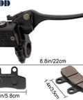 Street Ready Front Disc Brake Master Cylinder Caliper Assembly For 50cc To 125cc Chinese ATV Dirt Bike Pit Bike Front Brake Kit Fits SSR Roketa Lifan Coolster Baja Sunl Apollo Atomik Jetmomo And More displayed with hose, lever, and brake pads.