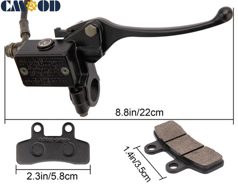Street Ready Front Disc Brake Master Cylinder Caliper Assembly For 50cc To 125cc Chinese ATV Dirt Bike Pit Bike Front Brake Kit Fits SSR Roketa Lifan Coolster Baja Sunl Apollo Atomik Jetmomo And More displayed with hose, lever, and brake pads.