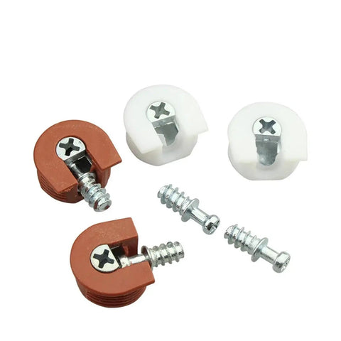 100 Pack Threaded Cam Lock Furniture Stud Pins Reddish Brown 18mm showing locks and screws for secure shelf retention.