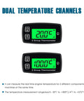 Front view of two Runleader dual-temperature engine gauges with green backlit LCD displays showing two temperature readings.