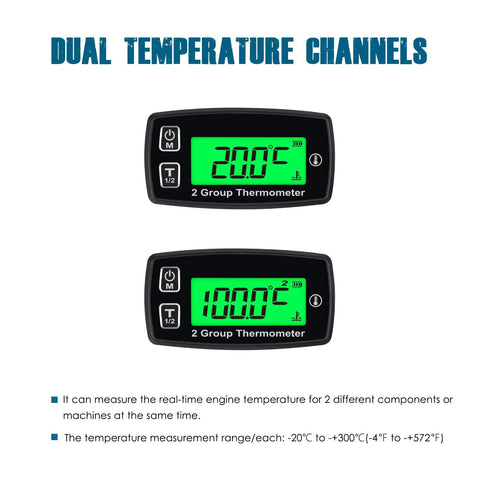 Front view of two Runleader dual-temperature engine gauges with green backlit LCD displays showing two temperature readings.