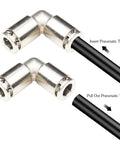 Stainless Steel Quarter Inch Tube Push To Connect Fittings 90 Degree Elbow Quick Connect For Air Line shown with black pneumatic tubes.