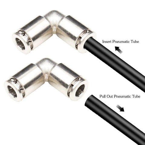 Stainless Steel Quarter Inch Tube Push To Connect Fittings 90 Degree Elbow Quick Connect For Air Line shown with black pneumatic tubes.