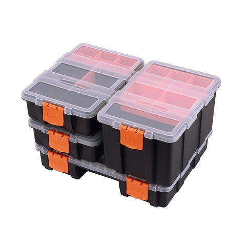 Stacked black and orange tool chests, transparent lids, Beefy Heavy Duty Portable Tool Chest With Sealed Compartments, Ergonomic Handles.