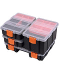 Stacked black tool chests with orange latches, sealed compartments, and dividers; Beefy Heavy Duty Portable Tool Chest With Sealed Compartments.