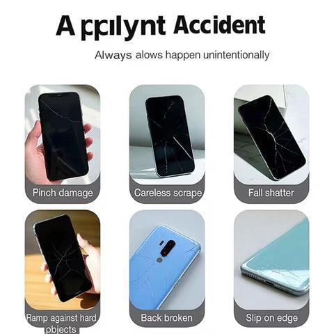 Various phone screens with cracks and damage, ideal for use with Phone Screen Repair Liquid For Scratches And Cracks, Quick Fix Kit