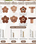 10 Pcs Flower Wooden Cabinet Knobs In Coconut Brown, Two Sizes, detailed view of knobs and screws with measurements.