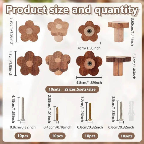 10 Pcs Flower Wooden Cabinet Knobs In Coconut Brown, Two Sizes, detailed view of knobs and screws with measurements.