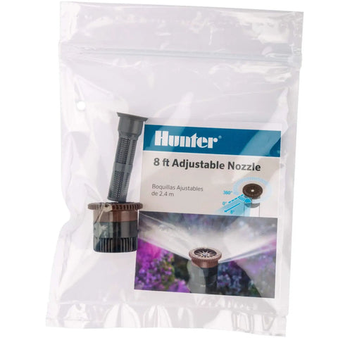 Top Shelf Adjustable Lawn Sprinkler Nozzle With 8 Ft Radius And 0 To 360 Degree Arc Movement in clear packaging.