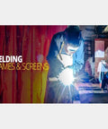 Hardcore Three Panel Red Flame Resistant Vinyl Welding Curtain With Heavy Duty Steel Frame For No Sweat Fast Setup And Ultimate Spark Shield Plus Uv Flash Blocker For Daily Shop Operations And Weekend Garage Builds, welder working with sparks.