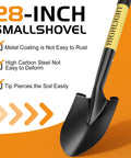 Heavy Duty 28 Inch Round Shovel With D Handle Solid Wood Grip And Carbon Steel Blade For Digging In Sand Snow Dirt Garden Yard Camp Beach Kids All Purpose Projects with features highlighted