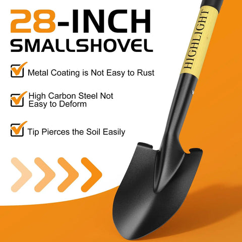 Heavy Duty 28 Inch Round Shovel With D Handle Solid Wood Grip And Carbon Steel Blade For Digging In Sand Snow Dirt Garden Yard Camp Beach Kids All Purpose Projects with features highlighted