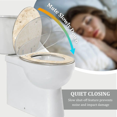 Toilet Seat Elongated for Bathroom Use with natural stone design, quiet closing feature, fits standard toilets.