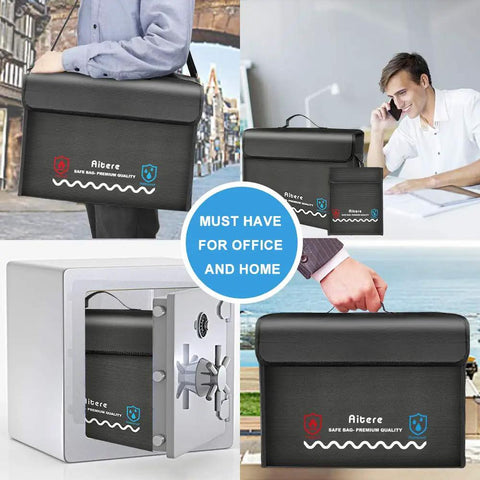 Collage of Fireproof Document And Money Bag Set For Home And Office With Lockable Zipper Waterproof Build, shown in use and in a safe