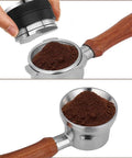 54mm Bottomless Portafilter For 8 Series Espresso Machines With Wood Handle Stainless Steel For Home Baristas and leveler shown