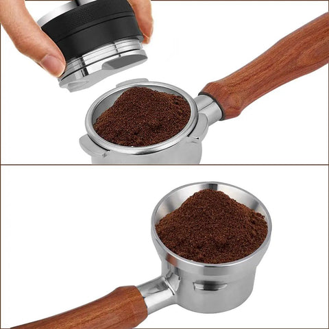 54mm Bottomless Portafilter For 8 Series Espresso Machines With Wood Handle Stainless Steel For Home Baristas and leveler shown