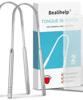 Two Pack Tongue Scrapers Made From 304 Stainless Steel For Adults And Kids displayed with packaging, pro oral care tool to beat bad breath.