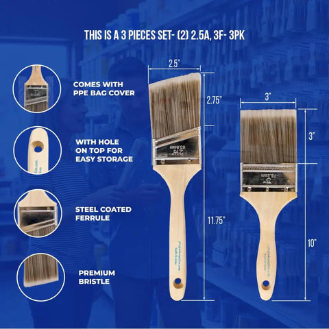 Paint Brush Set Two Pack With A Three Inch Flat Brush And Two And A Half Inch Angle Sash Brush For Cutting In Walls, ergonomic handle