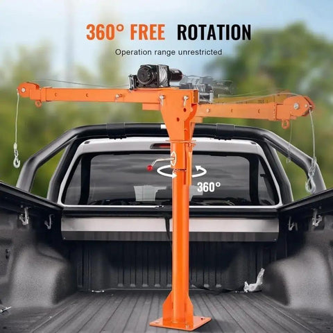 Heavy Duty Engine Hoist For Pickup Trucks Offering 500kg Lift Capacity And 360 Degree Swivel Jib with electric winch on truck bed.