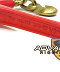 Close-up of Beefy Heavy Duty Ratchet Binder in red with chain for transport hauling, showing engraved details and logo.