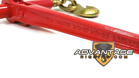 Close-up of Beefy Heavy Duty Ratchet Binder in red with chain for transport hauling, showing engraved details and logo.