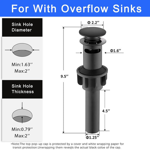 Matte Black ABS Pop Up Sink Drain With Overflow For Bathroom Vessel Sink Lavatory Vanity Easy Install No Leak Drama Durable