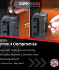 Heavy Duty Self Closing Gate Hinges With Adjustable Spring Tension For Smooth Pool Safety And Kid Proof Latching On Any Square Post Or Aluminum Fence Setup In Black, showing installation adjustments.