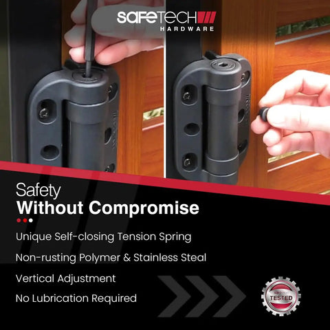 Heavy Duty Self Closing Gate Hinges With Adjustable Spring Tension For Smooth Pool Safety And Kid Proof Latching On Any Square Post Or Aluminum Fence Setup In Black, showing installation adjustments.