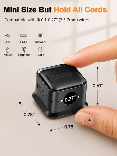 Close-up of hand holding black 8 Pack Cord Organizer Holders With Strong Adhesive Magnetic Cable Management For Desk Home Office And Car Neatly Tidy Phone Chargers USB Cables HDMI Type C Lightning Wires showcasing dimensions.