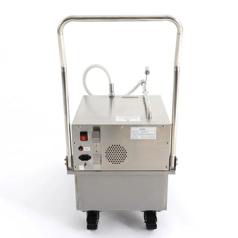 Commercial Workhorse Stainless Steel Deep Fryer Oil Filter Machine 55 Gallon Mobile Filtration Cart High Flow Pump, rear view with handle and controls.