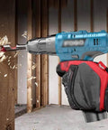 Premium Multifunctional Cordless Electric Drill Kit Featuring Badass Torque Copper Core Motor Quick Charge, drilling wood.