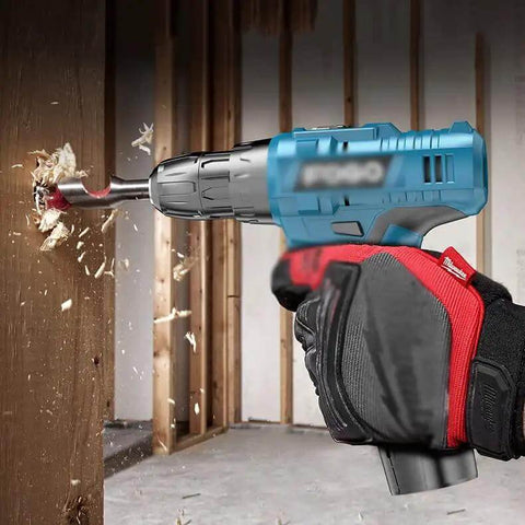 Premium Multifunctional Cordless Electric Drill Kit Featuring Badass Torque Copper Core Motor Quick Charge, drilling wood.