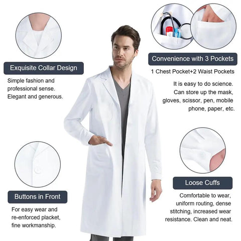 Unisex White Lab Coat For Students And Pros, Spillproof Medical Coat With Durable Fabric, Multi Purpose Lab Jacket For Hospitals, XXL Size