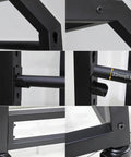 Close-up details of Zero Fuss Rock Solid Fabric Roll Storage Rack Featuring Twenty Hella Tough Crossbars, showcasing sturdy black metal frame and crossbar dimensions.