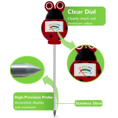 Battery Free Soil Moisture Meter For Houseplants And Outdoor Gardens Hygrometer Sensor Plant Water Meter And Soil Test Kit For Farm Lawn Indoor And Outdoor Use Must Have Gardening Gift For Plant Care, ladybug dial, stainless steel probe