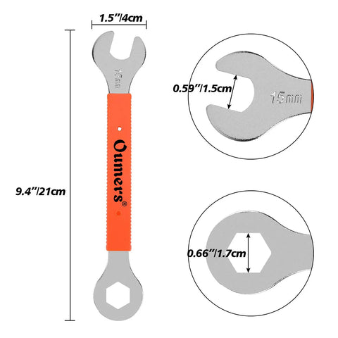 Bike Crank Puller Tool Set With 16mm And 15mm Wrenches, detailed view of 15mm wrench with dimensions, forged steel, plastic grip