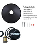 Components of 3-Light Battery-Powered LED Pendant Kit With Remote Control showing lamp shades, sockets, and mounting hardware.