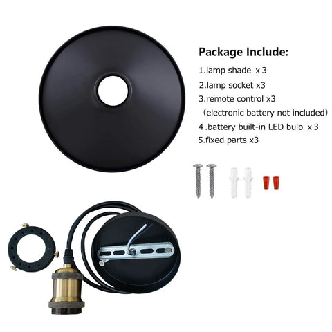 Components of 3-Light Battery-Powered LED Pendant Kit With Remote Control showing lamp shades, sockets, and mounting hardware.