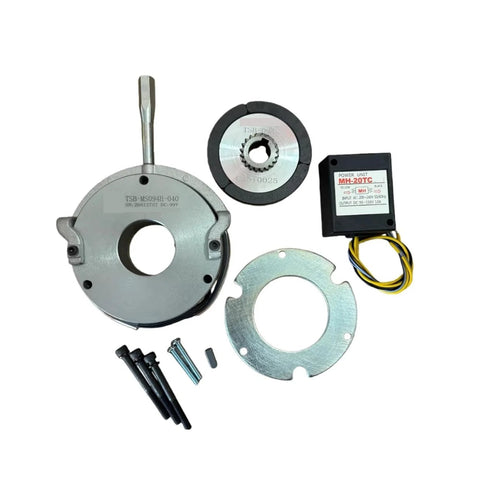 MS094H-040 DC99V electromagnetic power-off brake kit: round aluminum housing, rotor, mounting plate, and control unit